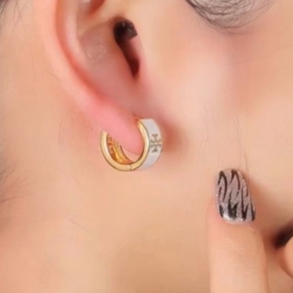 Tory Burch Gold and White Logo Hoop Earrings - Picture 3 of 6